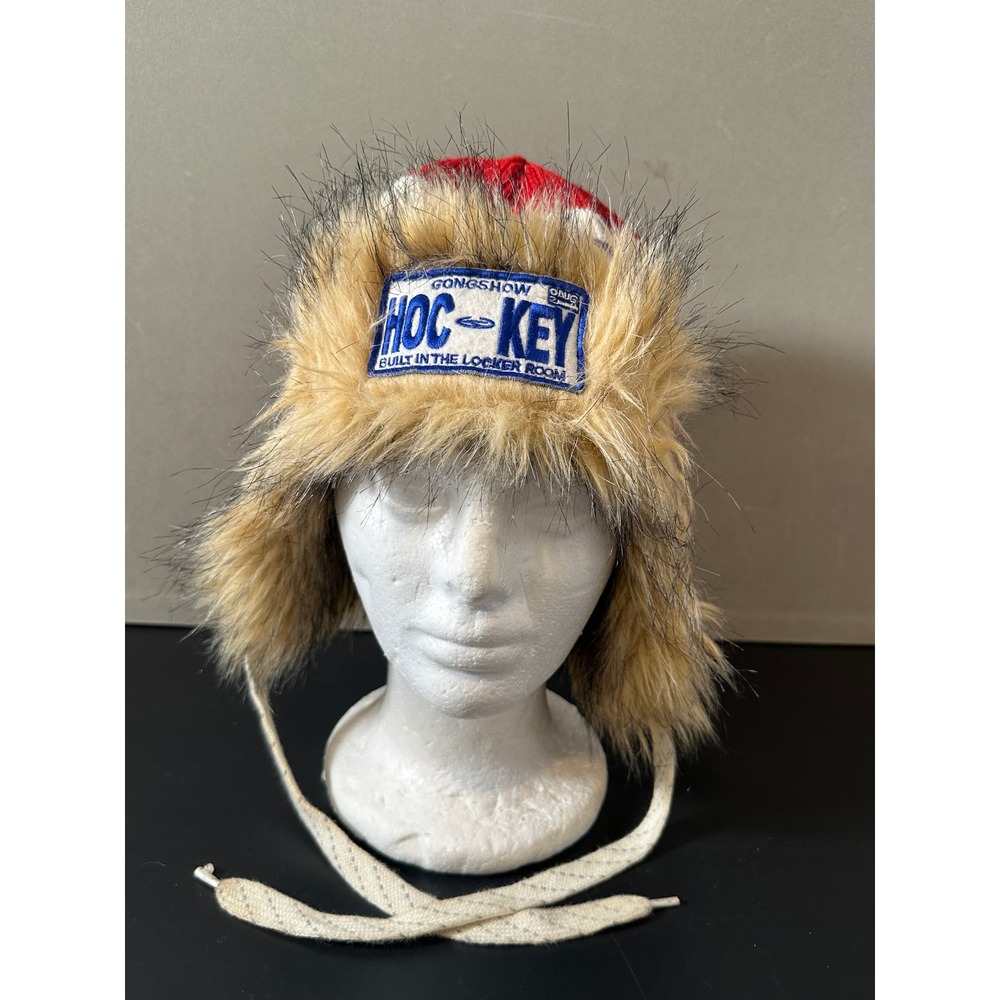 Gongshow Hockey Trapper Hat Faux Fur Knit Ear Flap Beanie Red White Purple OSFM